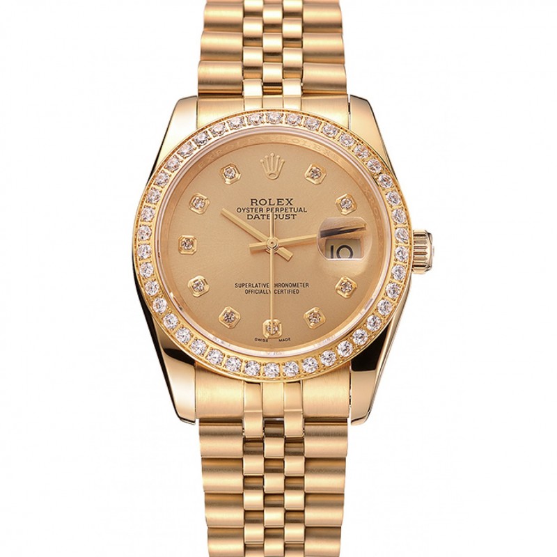 Zwitsers Rolex Datejust Champagne Dial Diamond Bezel Gold Jubilee Armband 1454098